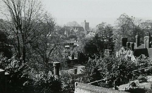 View towards Southover Church across Grange Gardens, Lewes, by A E Philcox, 1939